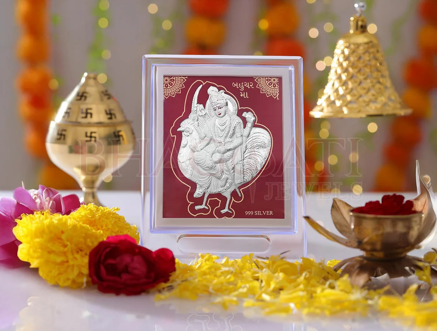 Silver frame by Bhagwati Jewels featuring 999 pure silver, acrylic rectangle stand, measuring 7x5 inches for display.