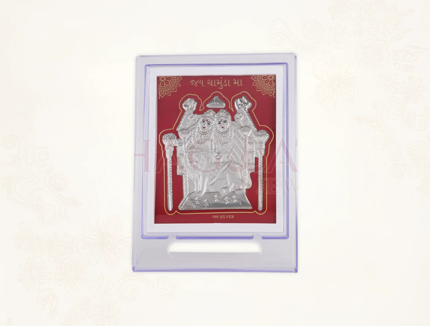 Pure silver Chamundamaa figure on acrylic square stand, 7x5 inch tabletop display, by BHAGWATI JEWELS.