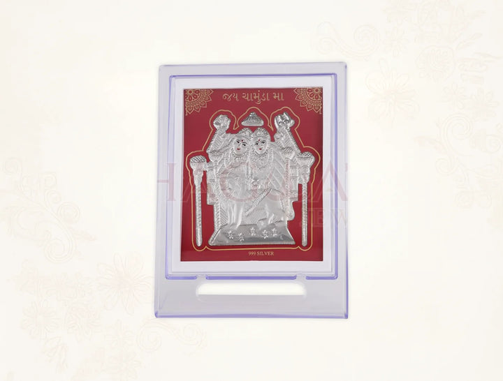 Pure silver Chamundamaa figure on acrylic square stand, 7x5 inch tabletop display, by BHAGWATI JEWELS.