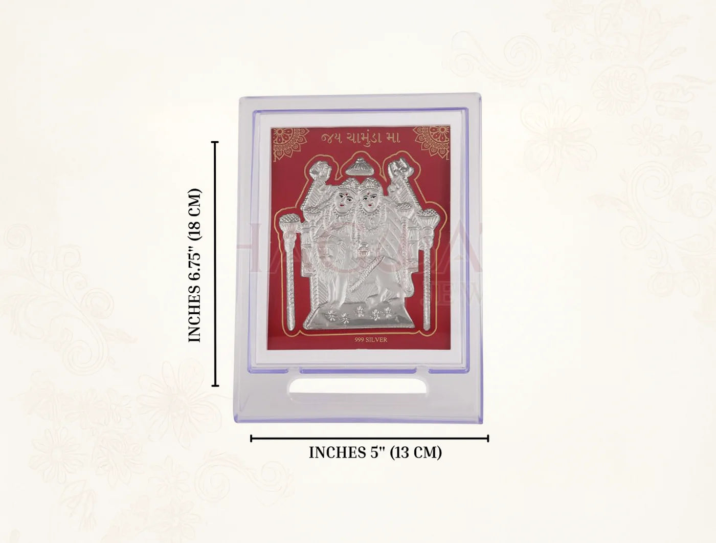 Silver frame Chamundamaa acrylic tabletop stand, 7x5 inch rectangular display stand for jewelry or decorative items.