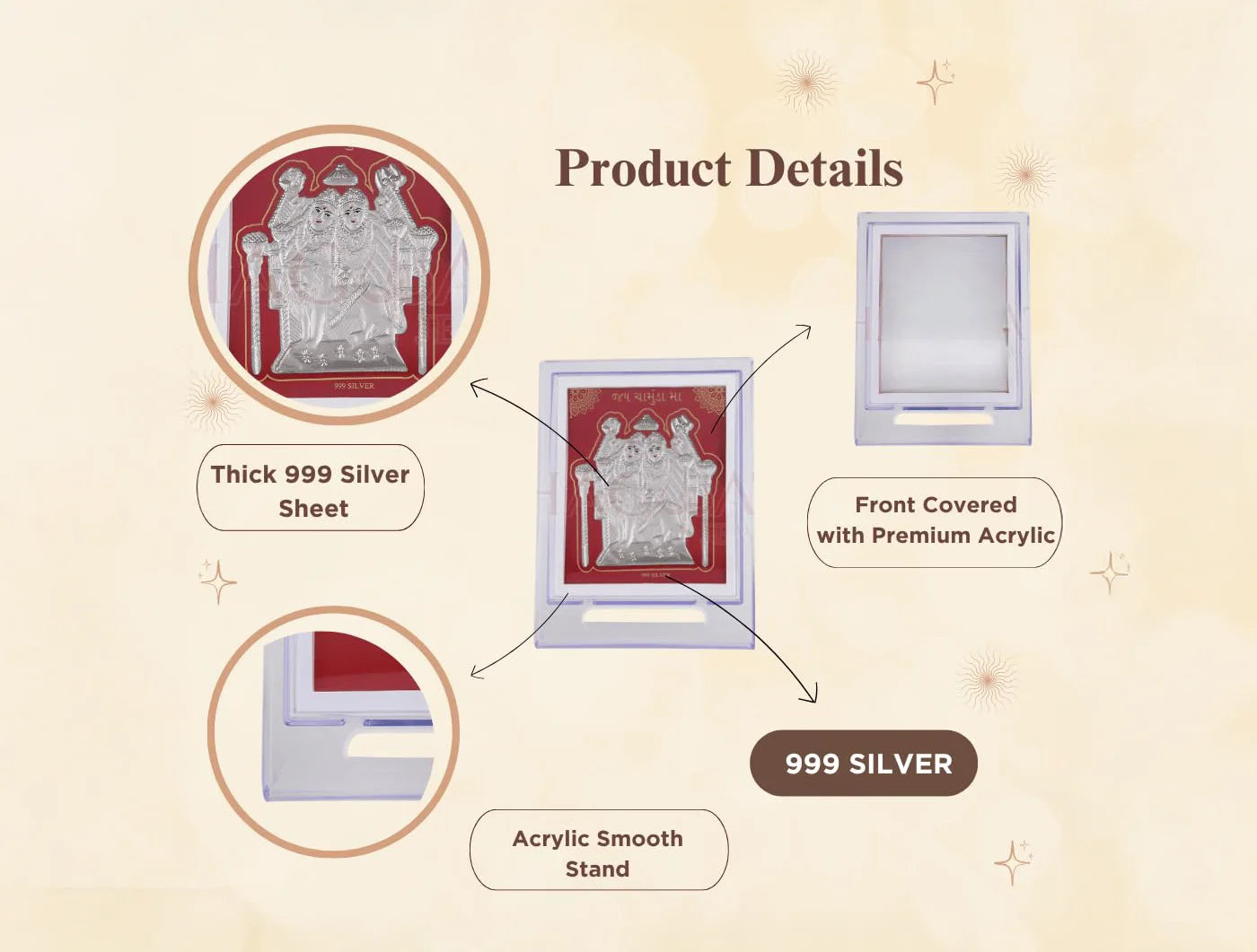 999 pure silver Chamundamaa stand with acrylic rectangle tabletop display, 7x5 inch size, from BHAGWATI JEWELS.