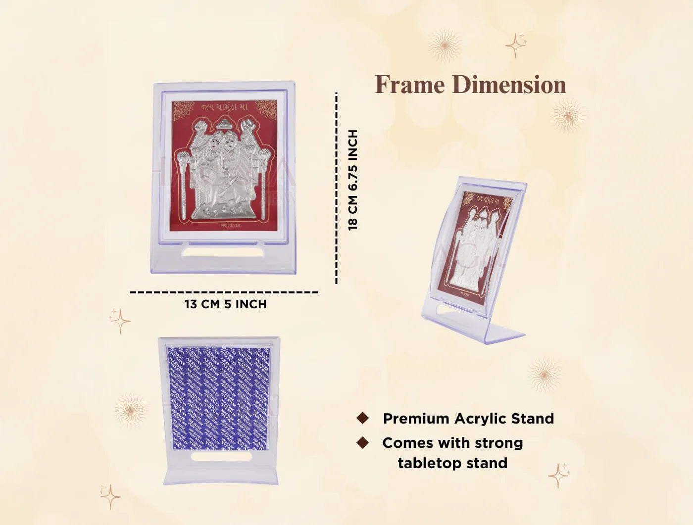 999 pure silver Chamundamaa on acrylic square stand, 7x5 inch tabletop silver frame for religious or decorative display.