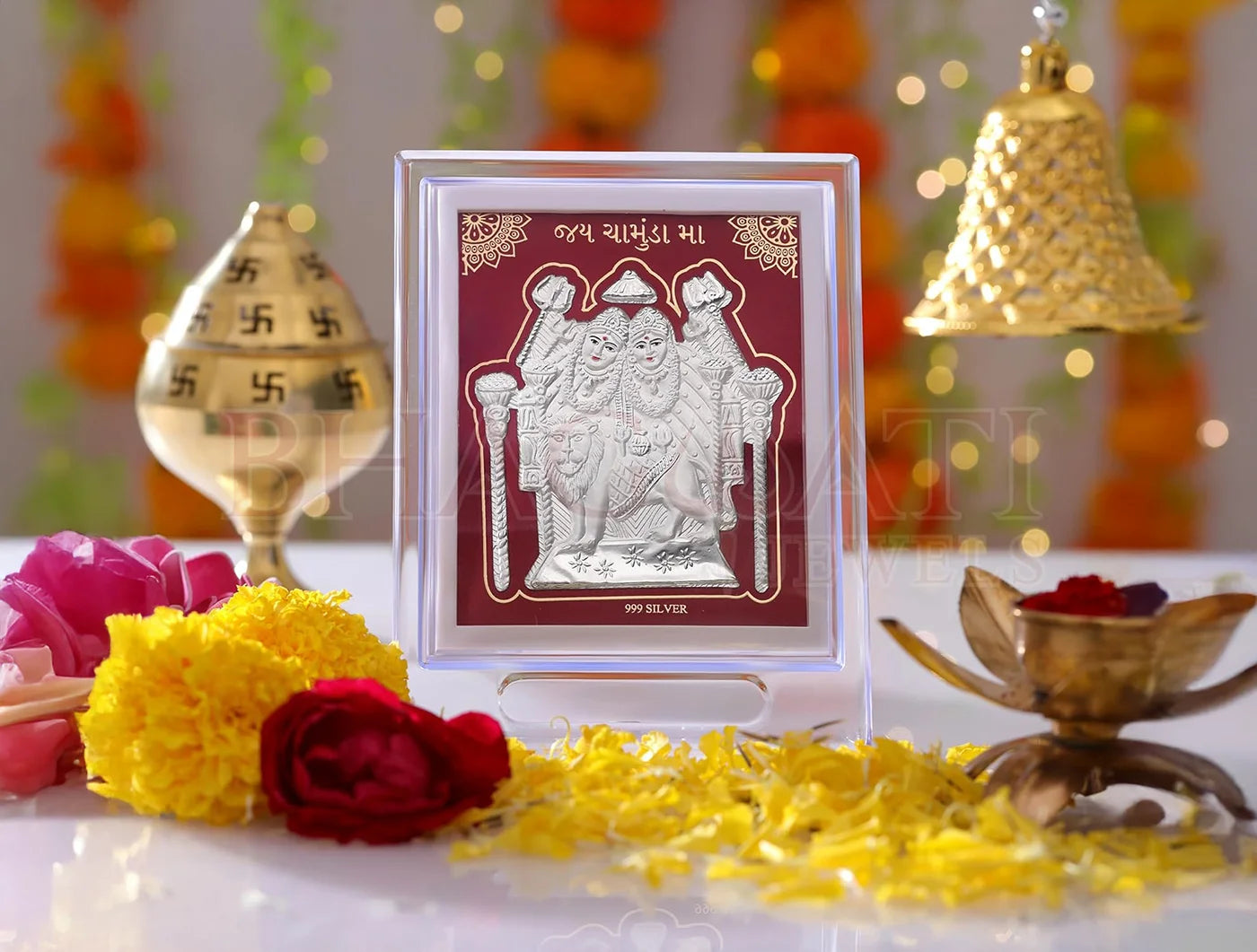 999 pure silver Chamundamaa stand on an acrylic rectangular tabletop stand, 7x5 inches, by Bhagwati Jewels.