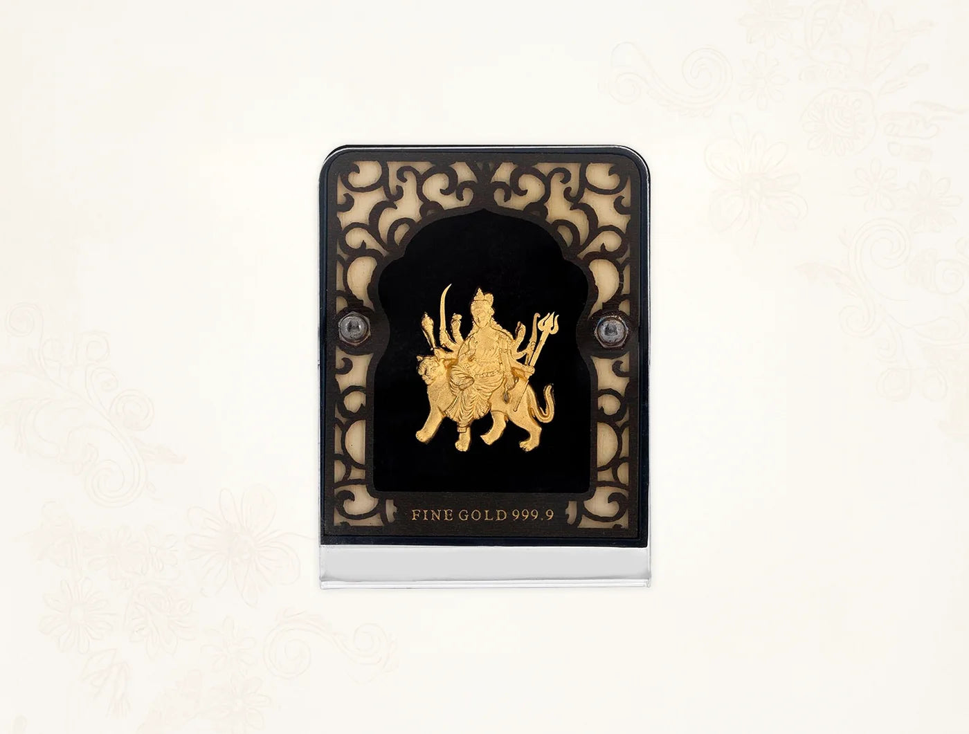Silver frame Durgamaa glass portrait in 24KT gold with tabletop display, 2.5x3 inch size, by Bhagwati Jewels.