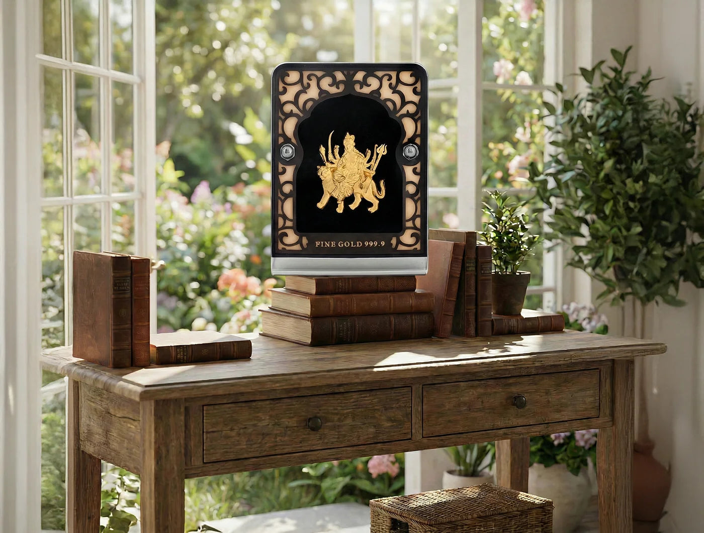 Silver frame glass portrait of Durgamaa with 24KT gold detailing, tabletop display, 2.5x3 inch size from Bhagwati Jewels.