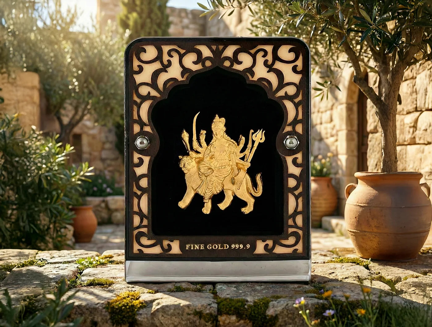 Silver frame glass portrait of Durgamaa with 24KT gold detailing, tabletop display measuring 2.5 by 3 inches from Bhagwati Jewels.