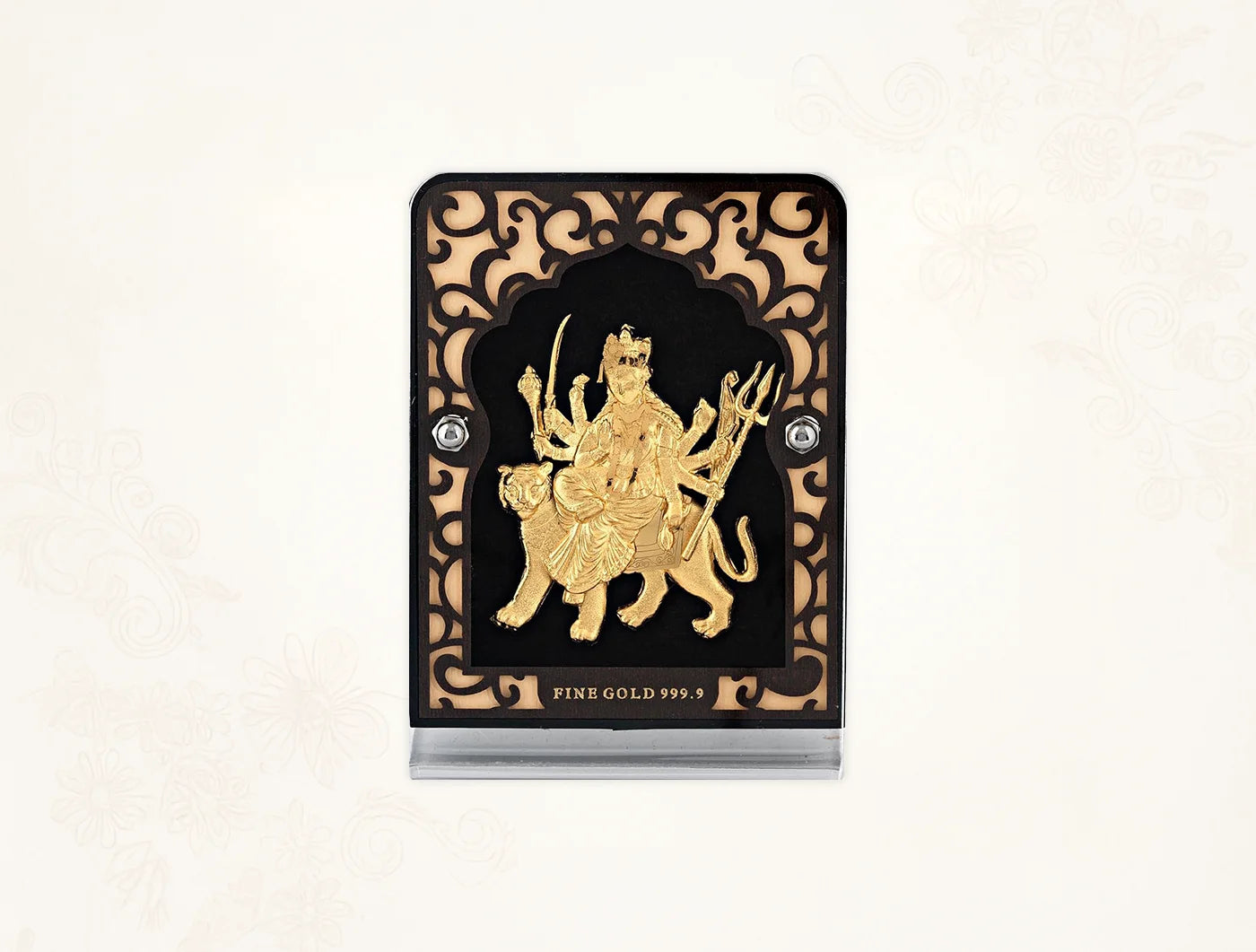 Silver frame Durgamaa 24KT gold tabletop stand, 4x3 inch glass display for religious or decorative purposes.