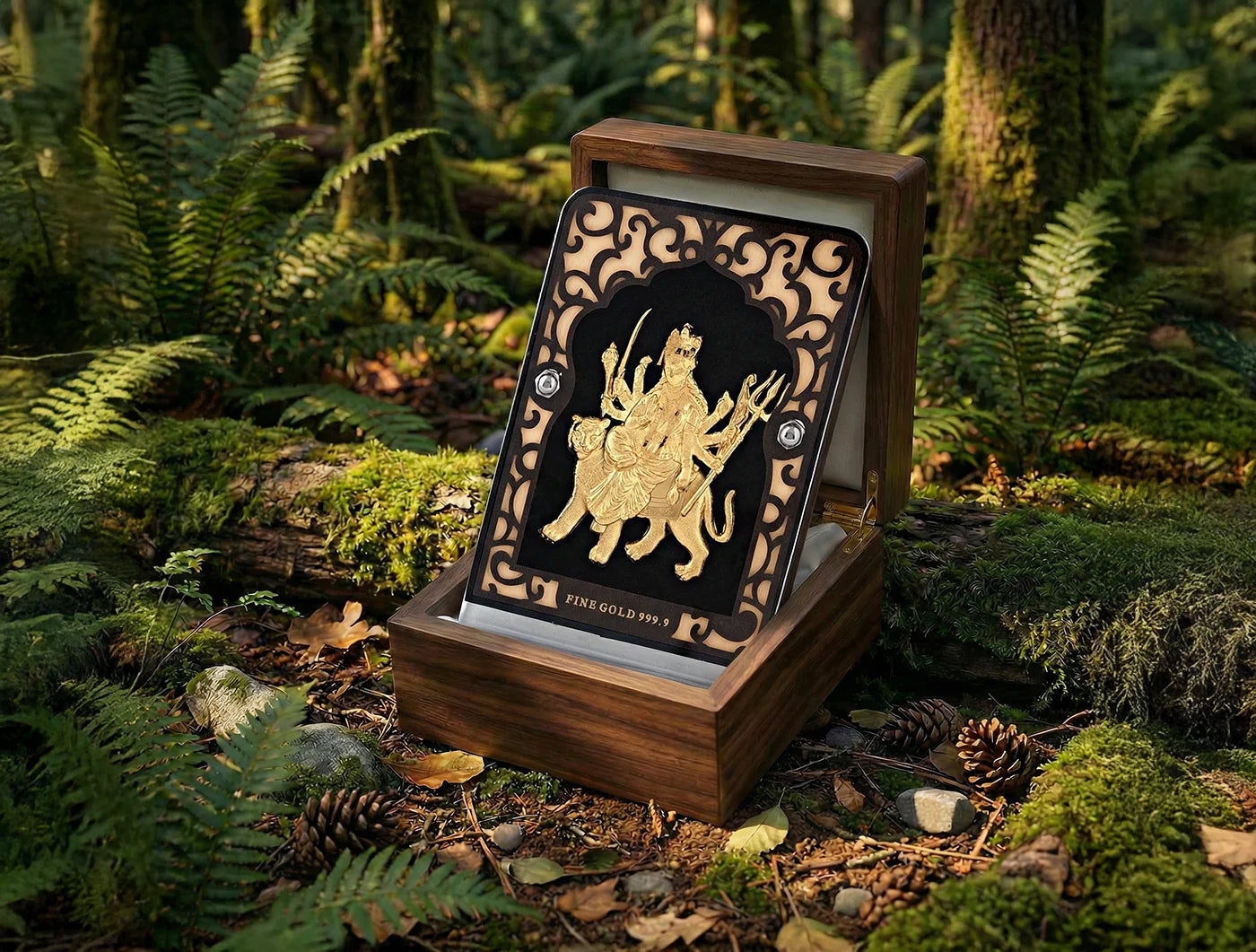 Silver frame Durgamaa 24KT gold tabletop display stand, 4x3 inch glass tabletop by Bhagwati Jewels.