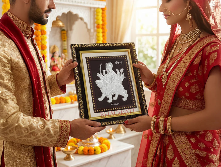 999 Silver Durgamaa Frame for Gift Items |  Frame & God Photo Frame for Pooja Room Decor, Home Wall & Office Mandir | Square Tabletop |5.5 X 5 Inch