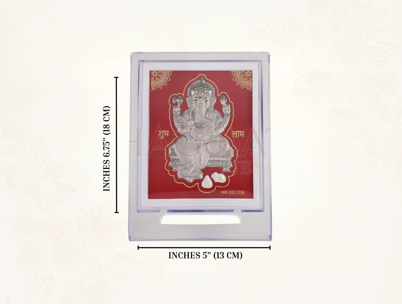 Silver frame acrylic rectangle stand for Ganesh statue, 7x5 inch tabletop display for home decor from Bhagwati Jewels.