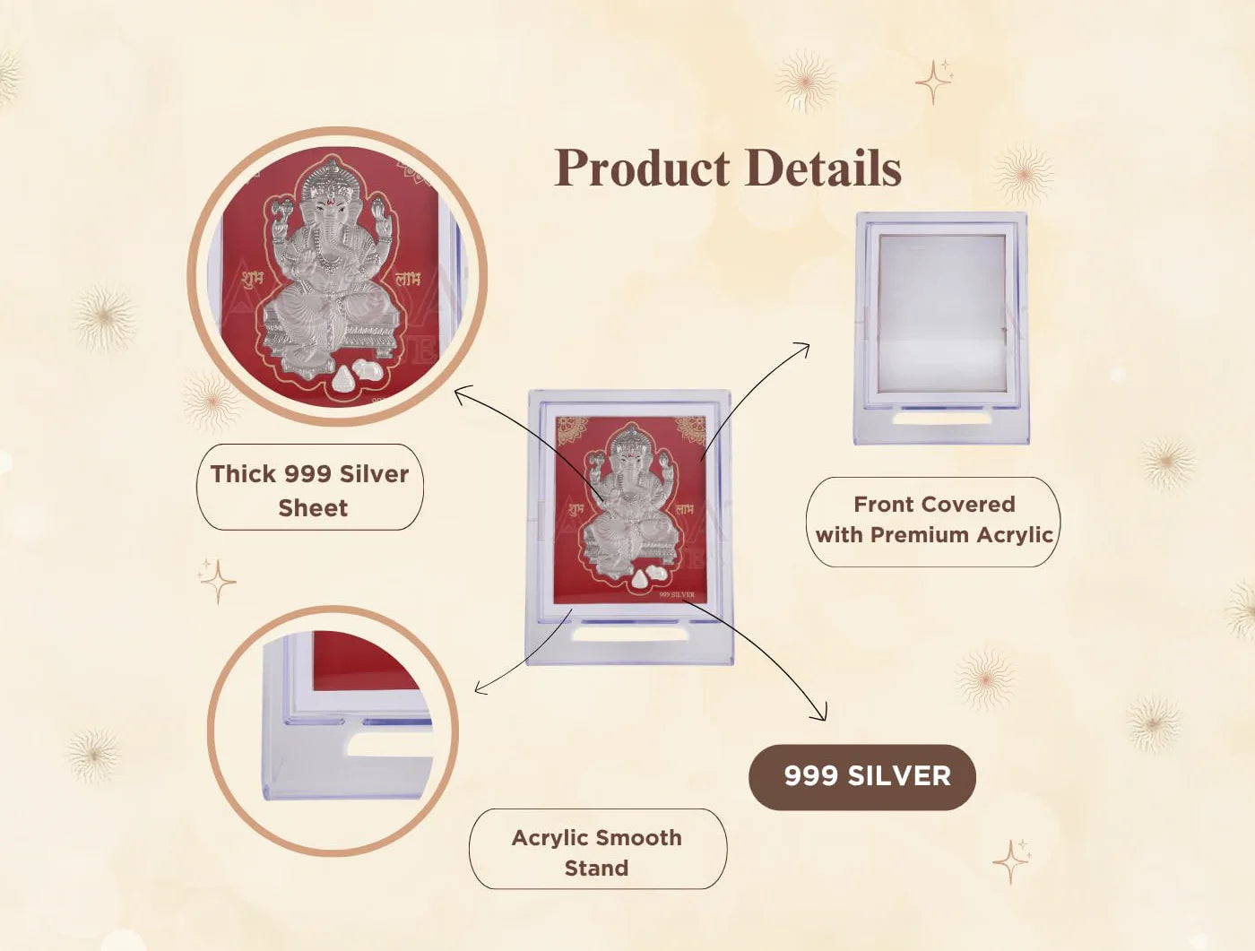 Silver Ganesh figurine on a 7x5 inch acrylic square stand, tabletop display for home decor by Bhagwati Jewels