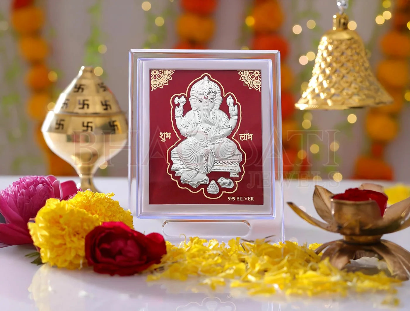 Silver Ganesh figurine on acrylic rectangular stand, 7x5 inches, for home decor, by Bhagwati Jewels.