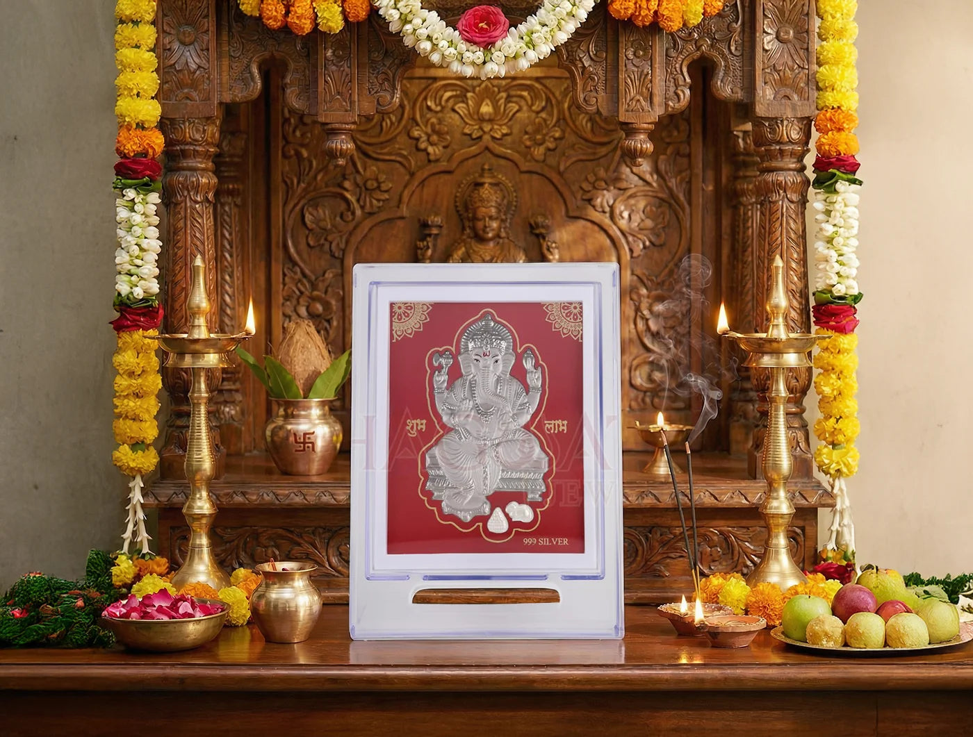 Silver frame Ganesh acrylic stand, 7x5 inch tabletop display for home decor, by Bhagwati Jewels.