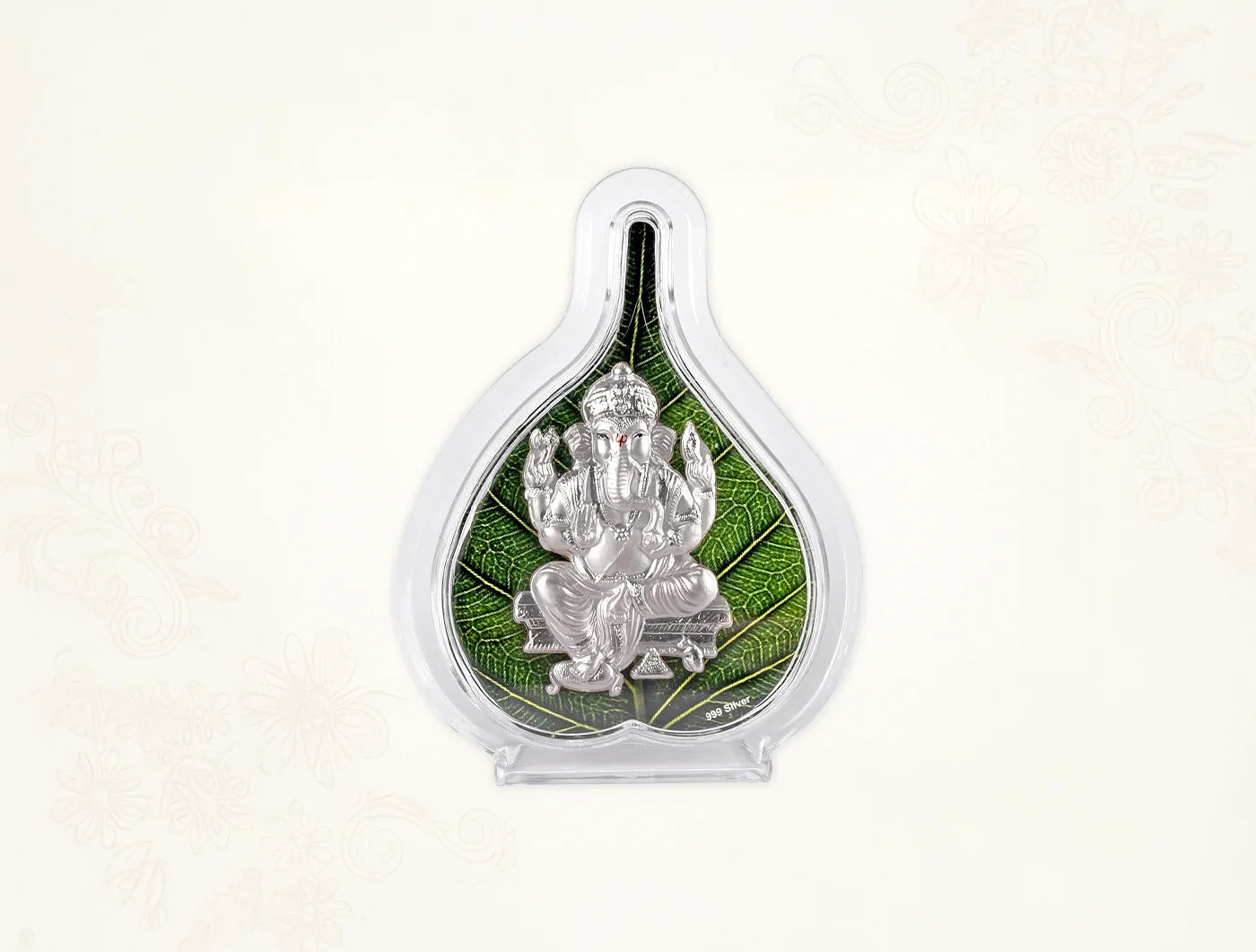 999 Silver Pure Ganesh Green Pan Stand in a decorative leaf design for tabletop decoration.