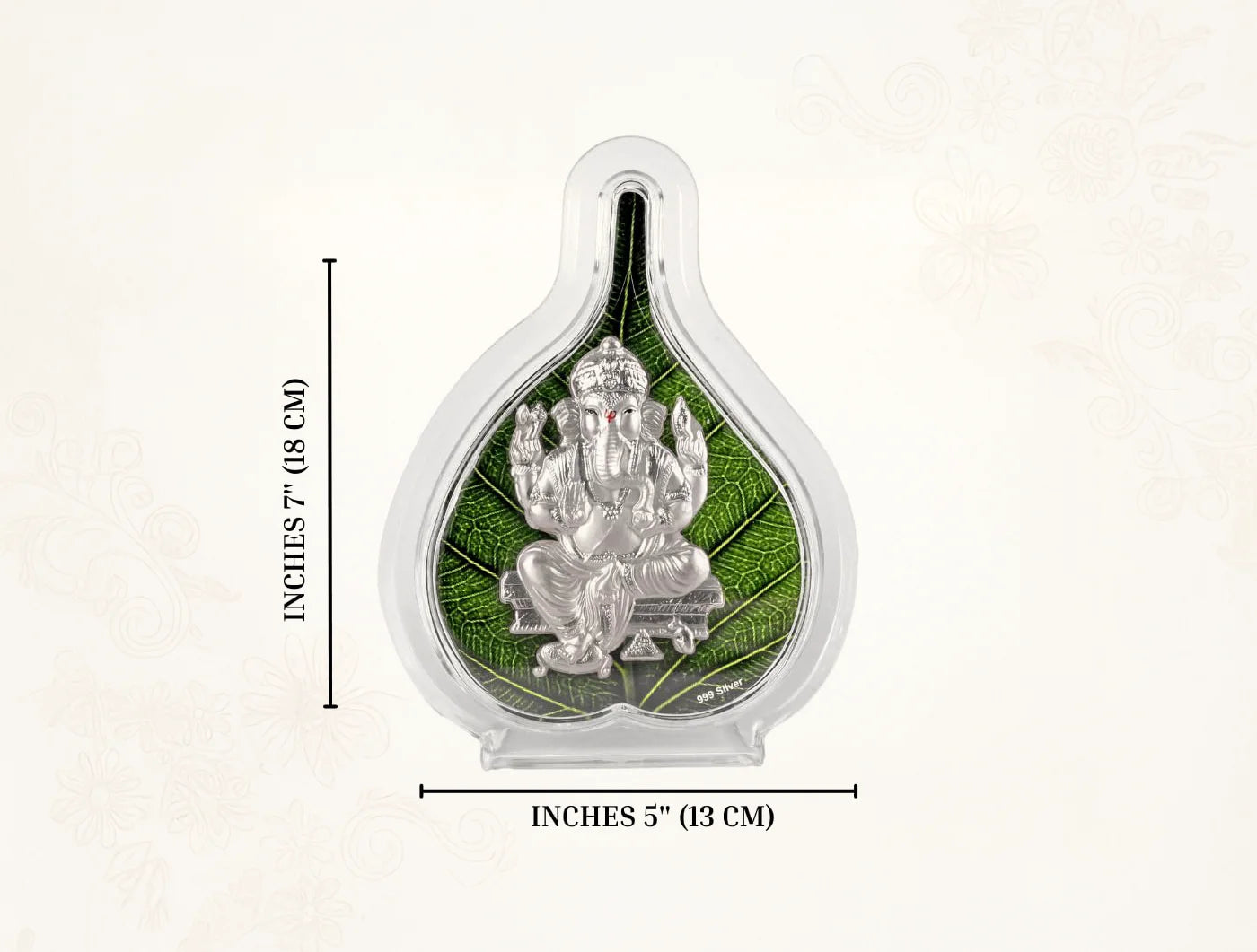 999 Silver Pure Ganesh Green Pan Stand with green leaf background and measurements 7"x 5" for home decor.