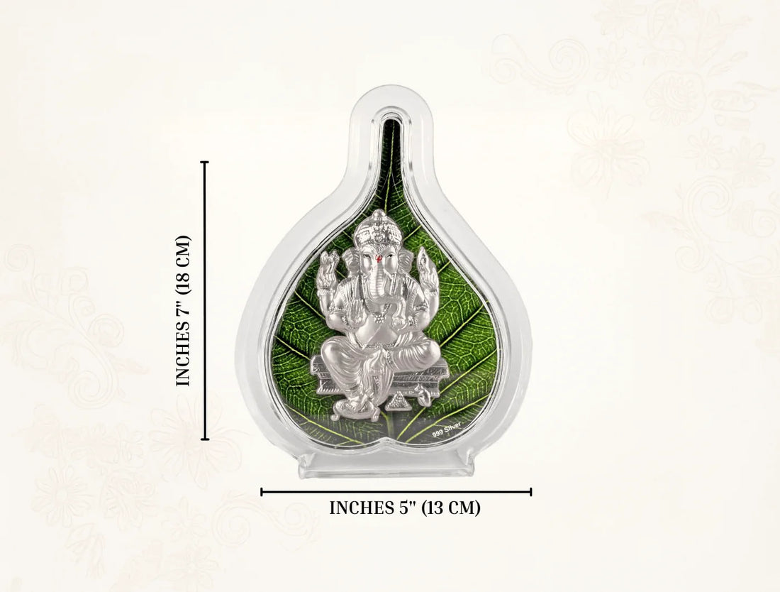 999 Silver Pure Ganesh Green Pan Stand with green leaf background and measurements 7"x 5" for home decor.