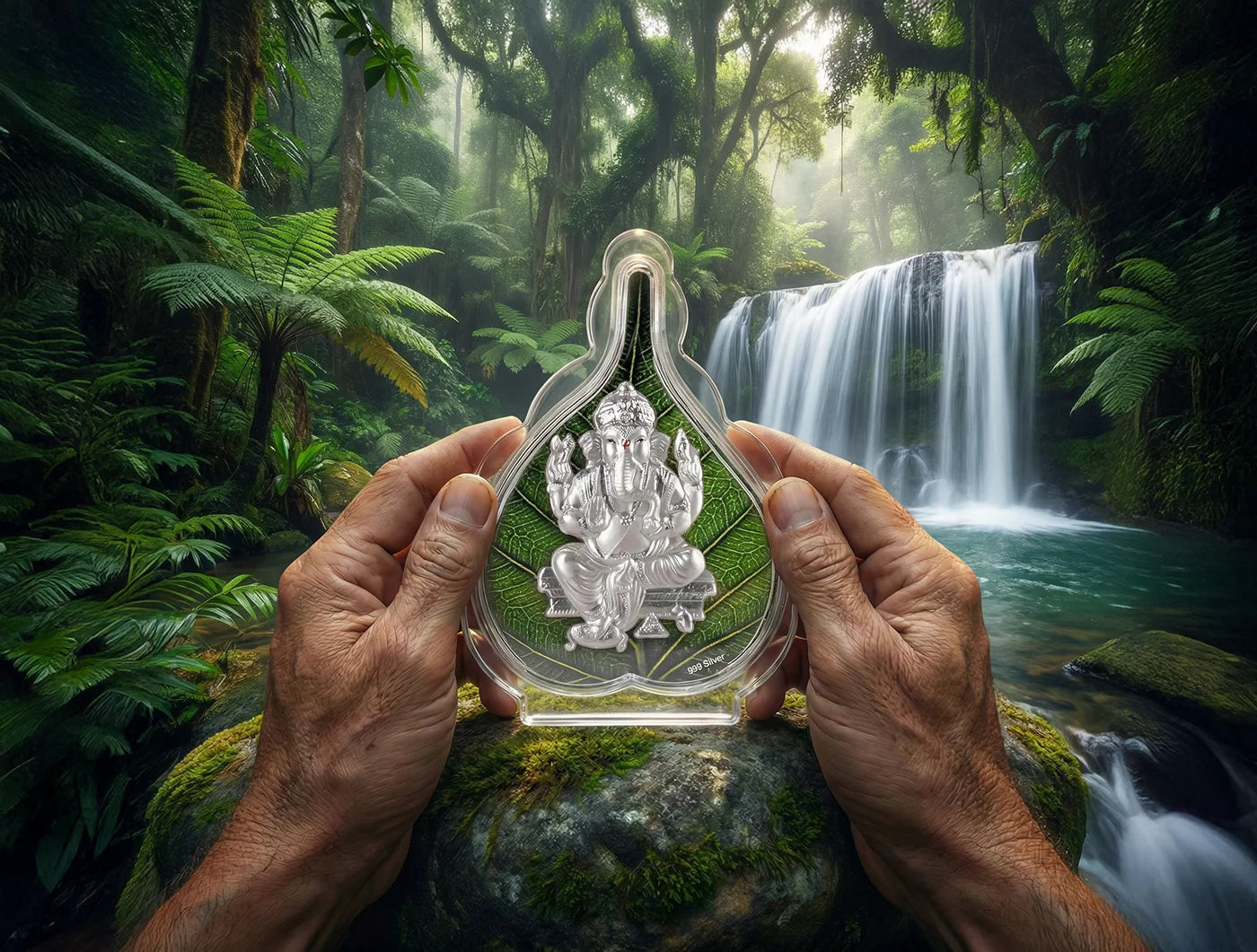 999 Silver Pure Ganesh Green Pan Stand held in hands amidst lush greenery and waterfall background.