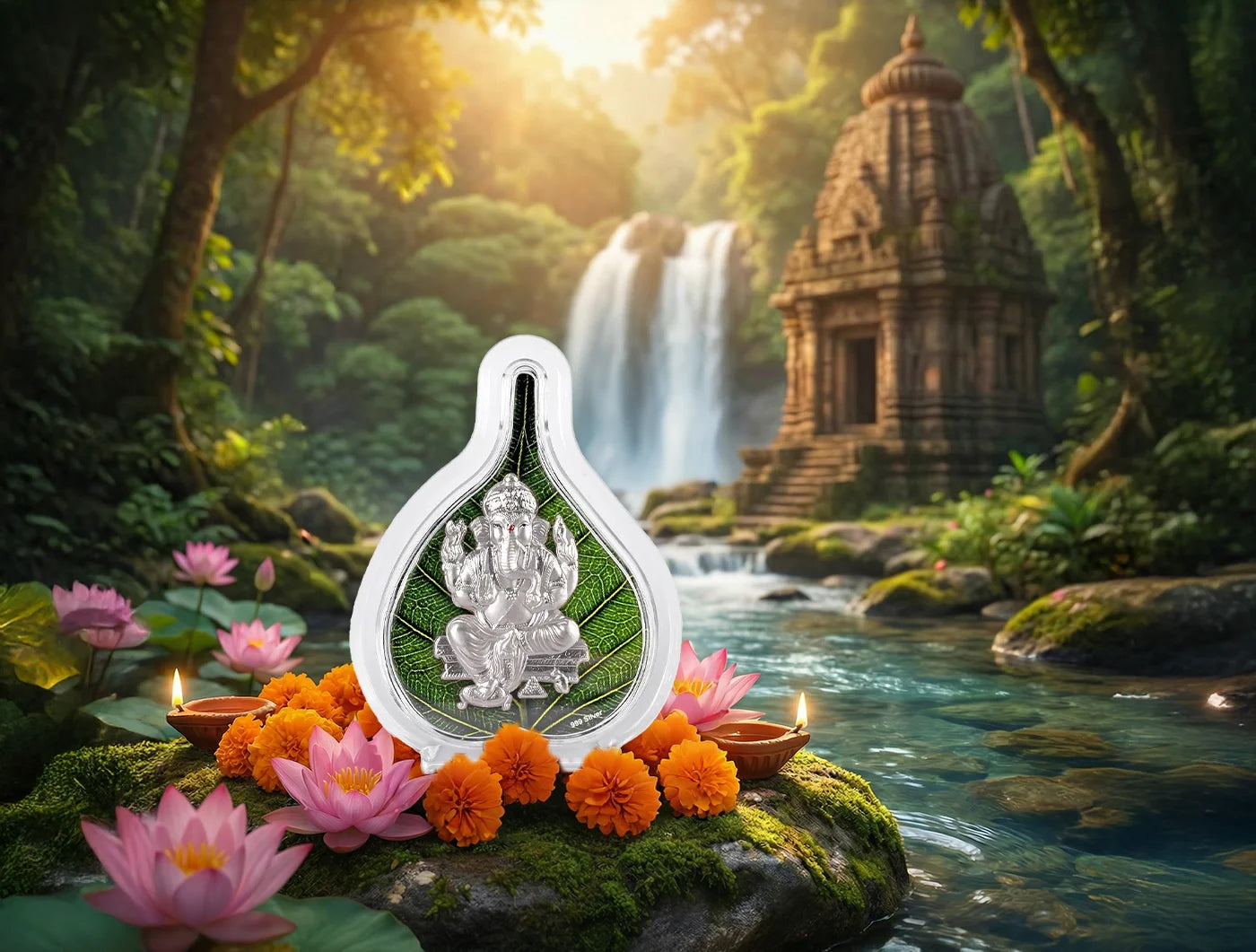 999 Silver Pure Ganesh Green Pan Stand displayed with flowers and candles near a waterfall.