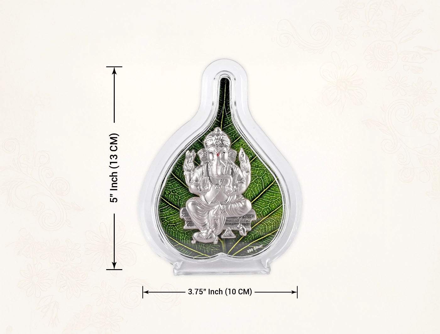 999 Pure Ganesh Green Pan Stand featuring silver Ganesh idol, dimensions 5" x 3.75", ideal for home or office decor.