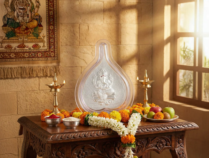 Pure Ganesha Pan Stand in silver with detailed Ganesh idol, ideal for home temple or office decor, 4.25" x 3" size.