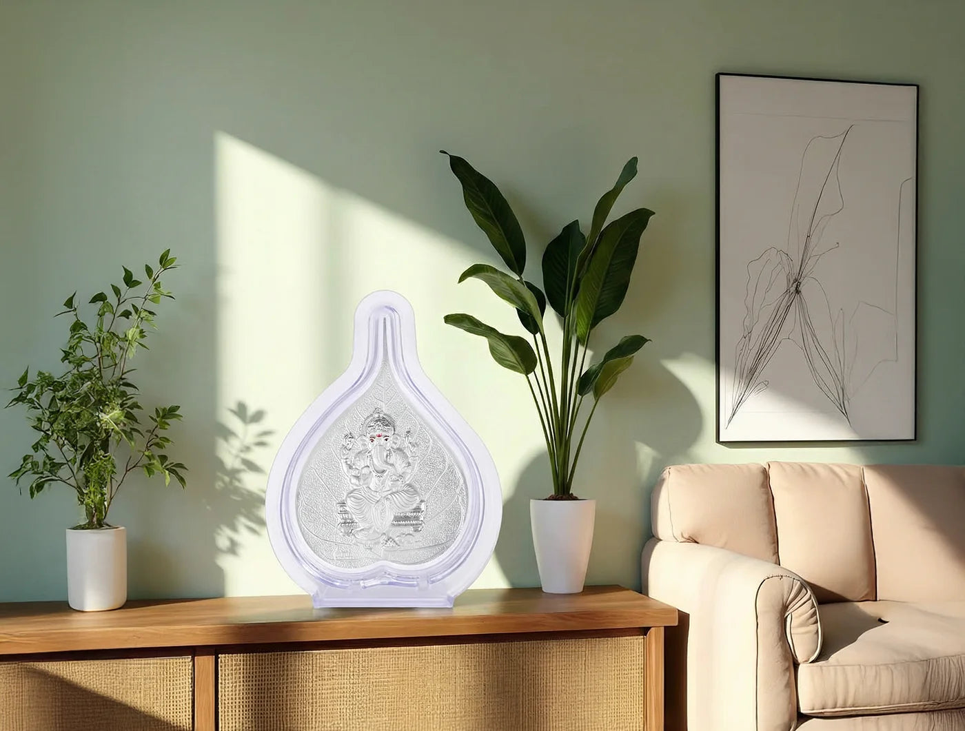 Pure Ganesha Pan Stand in silver with Lord Ganesha idol, ideal for home temple, office decor, or spiritual gifting, 4.25" x 3".