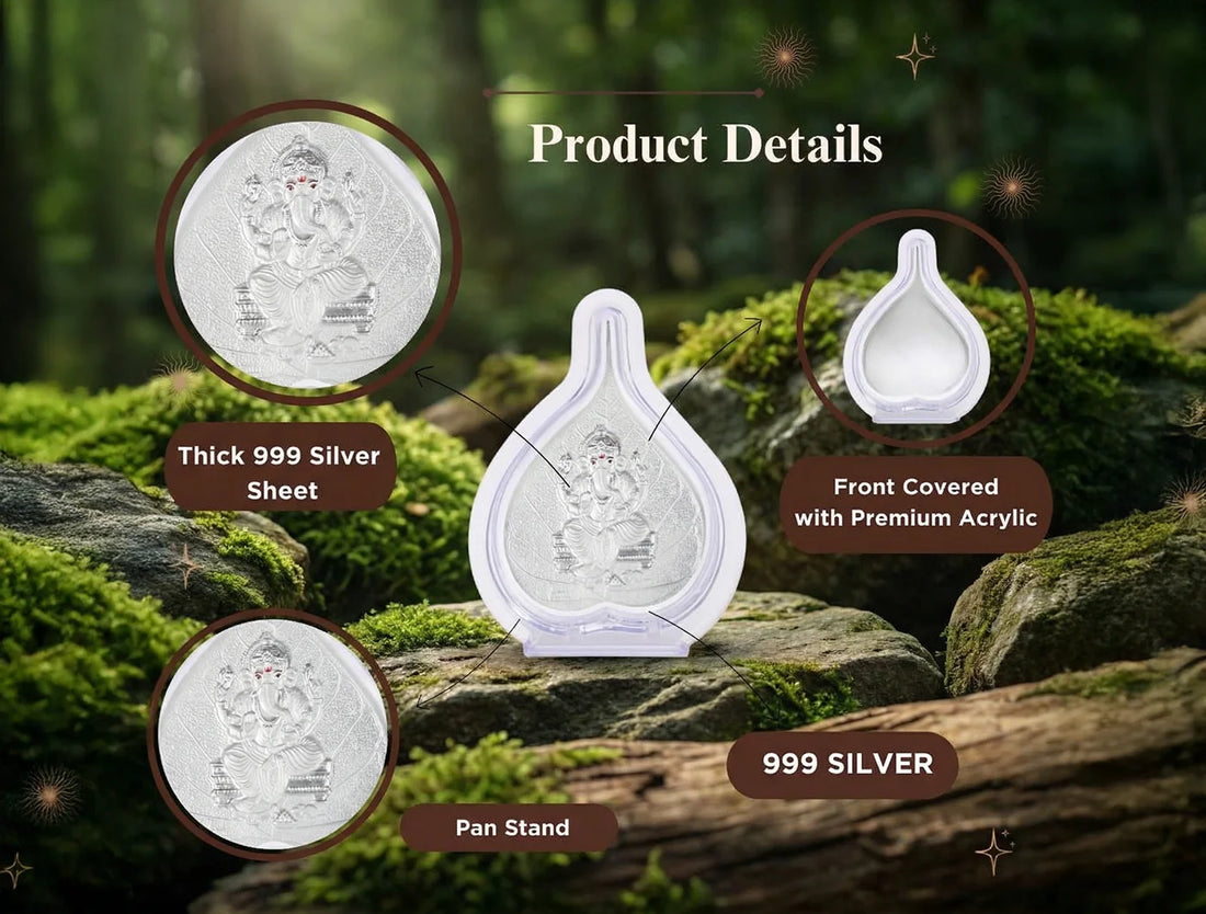 Pure Ganesha Pan Stand in silver with Ganesh idol for home, office, or temple decor, measuring 4.25" x 3" by Bhagwati Jewels.