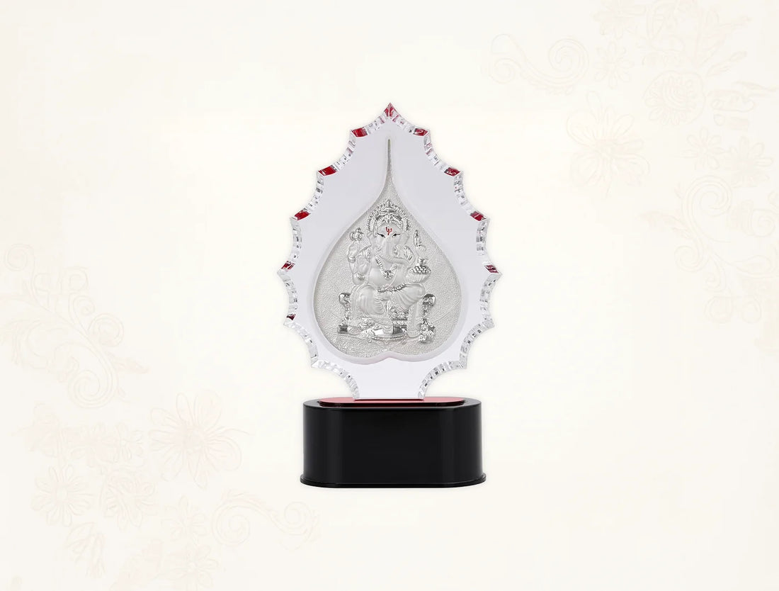 999 Pure Silver Ganesha Trophy Stand, 7" x 3.5" tabletop decor with intricate design.