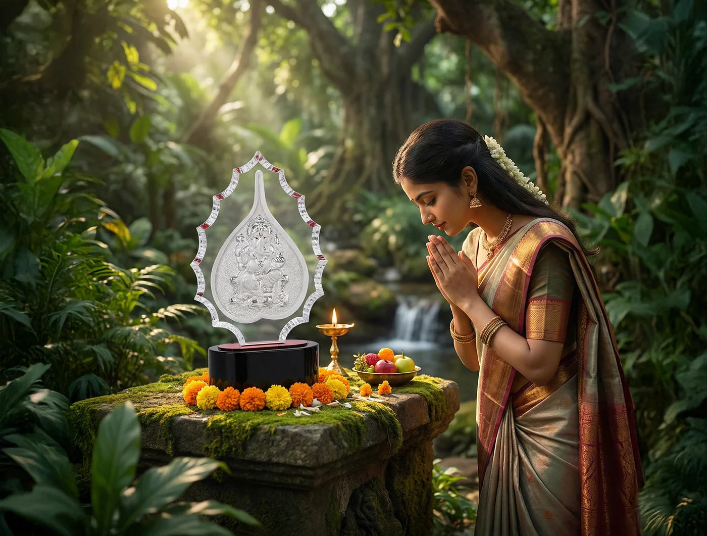 A woman in a traditional saree praying before a 999 Pure Silver Ganesha Trophy Stand surrounded by flowers and fruits.