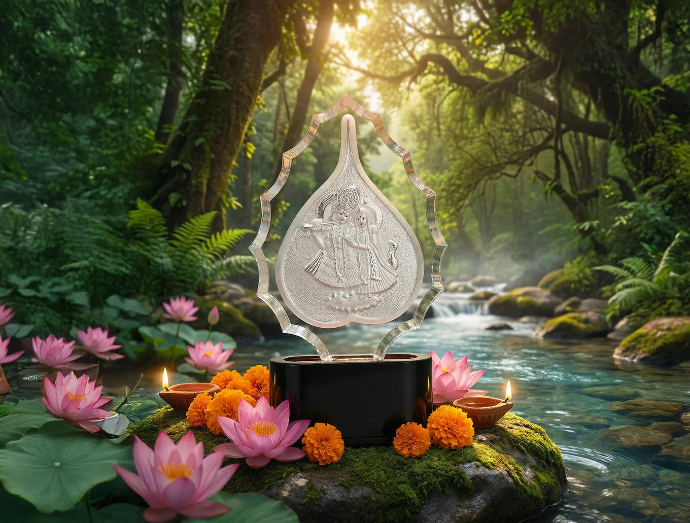 999 Pure Silver Ganesha Trophy Stand showcased in a serene forest setting with lotus flowers and candles.