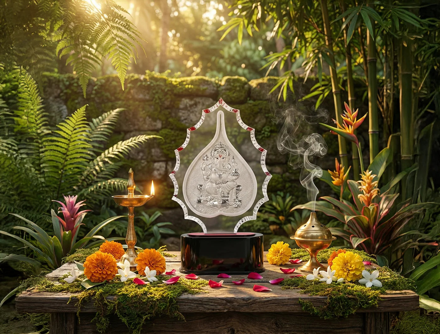 999 Pure Silver Ganesha Trophy Stand showcased on a decorated table with flowers and incense.
