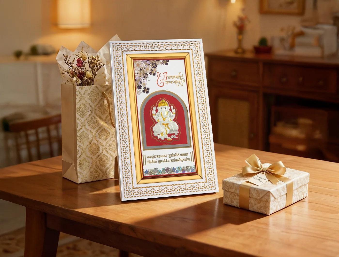 999 Pure Silver Ganesh Frame - Wall Mount frame 14.1 x 8.25 Inch, perfect for gifting or home decor.