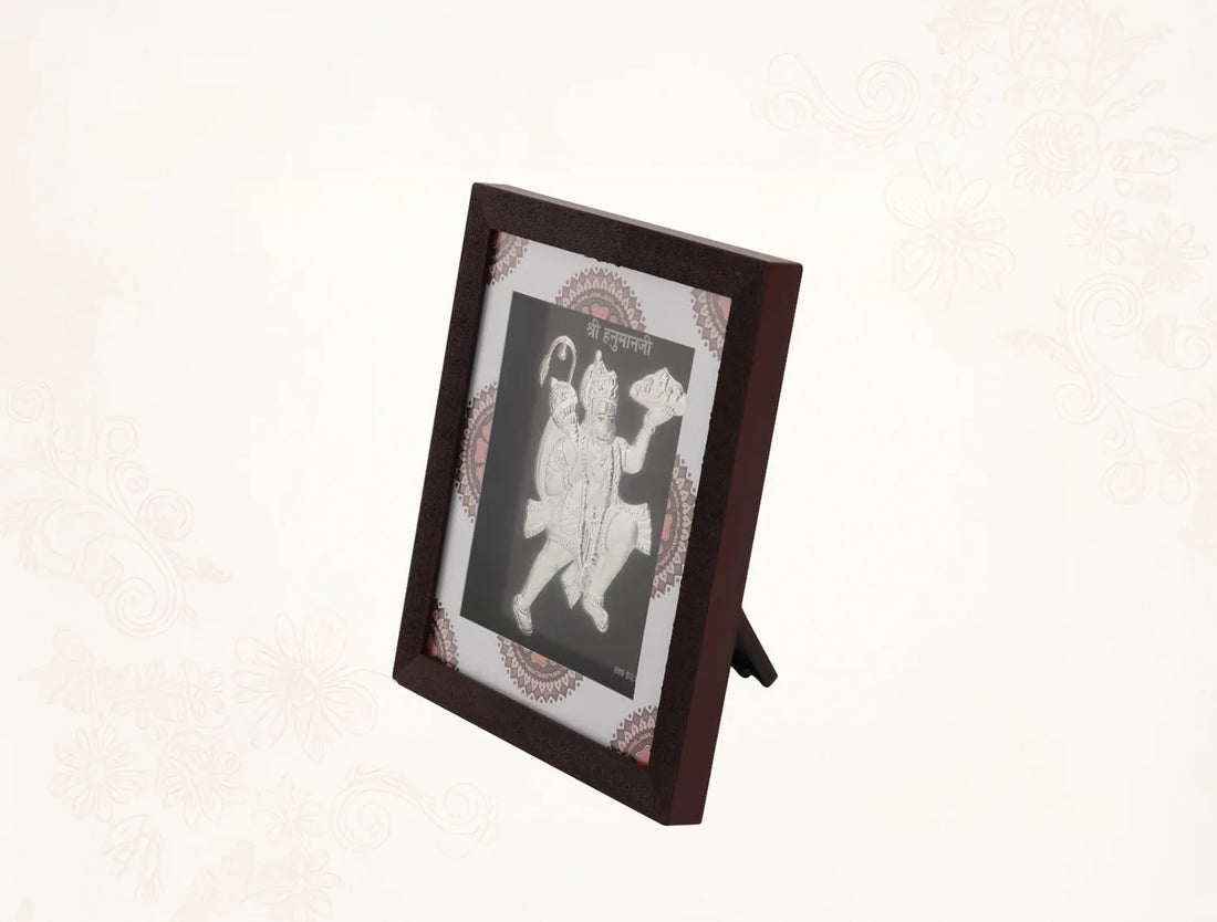 999 Pure Silver Hanumanji Frame displaying an elegant wooden design for home decor