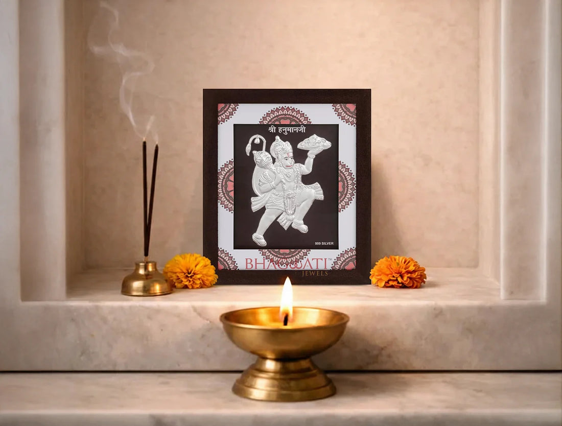 Silver Hanumanji wooden photo frame by Bhagwati Jewels, 7x6 inch square, featuring intricate silver craftsmanship and religious design.