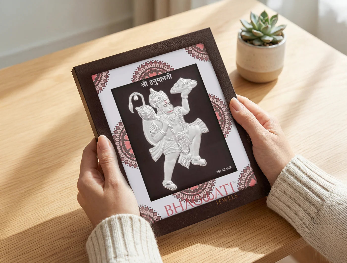 Silver Hanumanji wooden square photo frame by Bhagwati Jewels, 7x6 inch, featuring intricate silver craftsmanship.