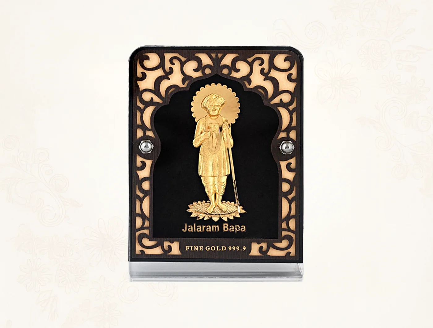 24KT Gold Jalaram Bapa Stand by Bhagwati Jewels, tabletop display with glass, 4x3 inches, divine home decor piece.