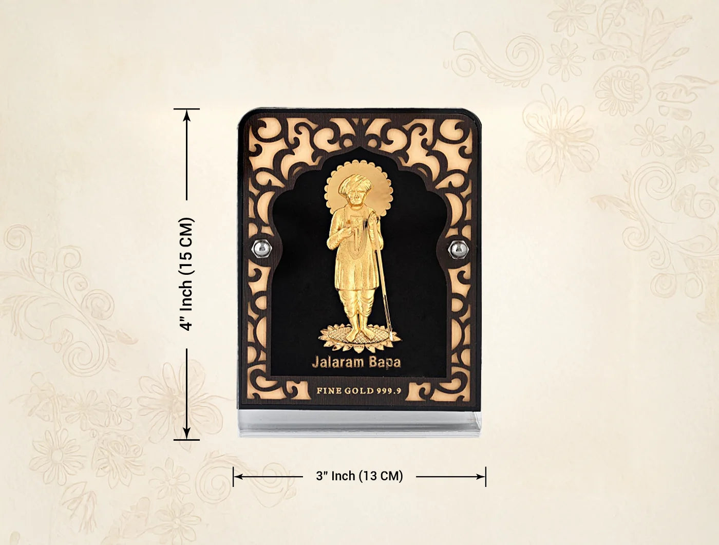 24KT Gold Jalaram Bapa Stand with 24KT gold finish, tabletop display featuring a divine Jalarambapa image in glass, by Bhagwati Jewels.