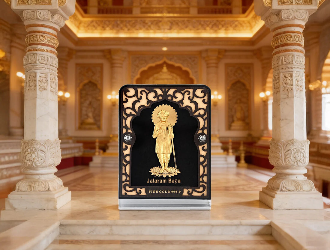 24KT Gold Jalaram Bapa Stand with 24KT gold accents, designed for tabletop display, by Bhagwati Jewels.