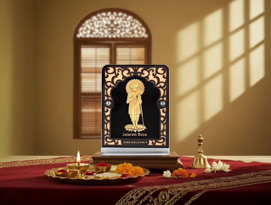 24KT Gold Jalaram Bapa Stand with 24KT gold accents, designed for tabletop display, featuring a divine Jalarambapa figure.