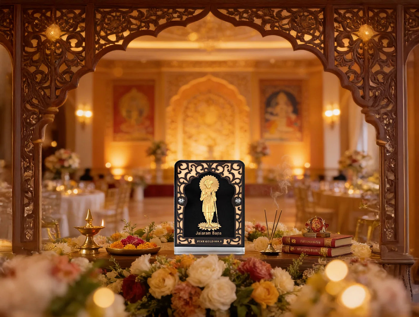 24KT Gold Jalaram Bapa Stand with 24KT gold accents for divine home decor, tabletop display, 4x3 inches.