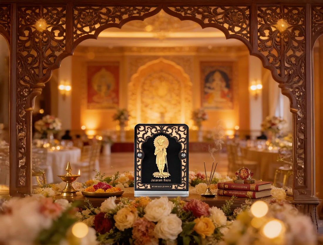 24KT Gold Jalaram Bapa Stand with 24KT gold accents for divine home decor, tabletop display, 4x3 inches.