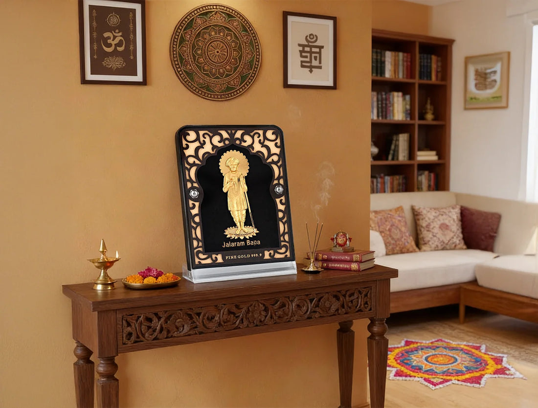24KT Gold Jalaram Bapa Stand with 24KT gold accents for tabletop display, featuring intricate design by Bhagwati Jewels.