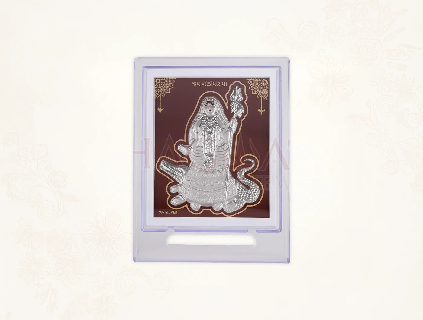 Silver frame Khodiyarmaa stand by Bhagwati Jewels, 7x5 inch acrylic rectangle tabletop stand for home and gift display.