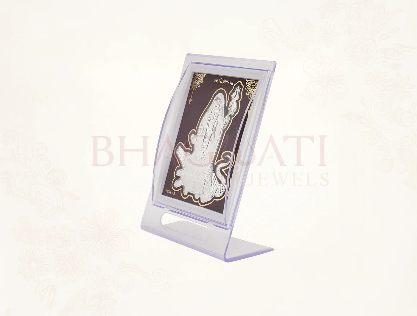Silver Khodiyarmaa stand by Bhagwati Jewels, 7x5 inch acrylic rectangular tabletop stand for home silver gift items.