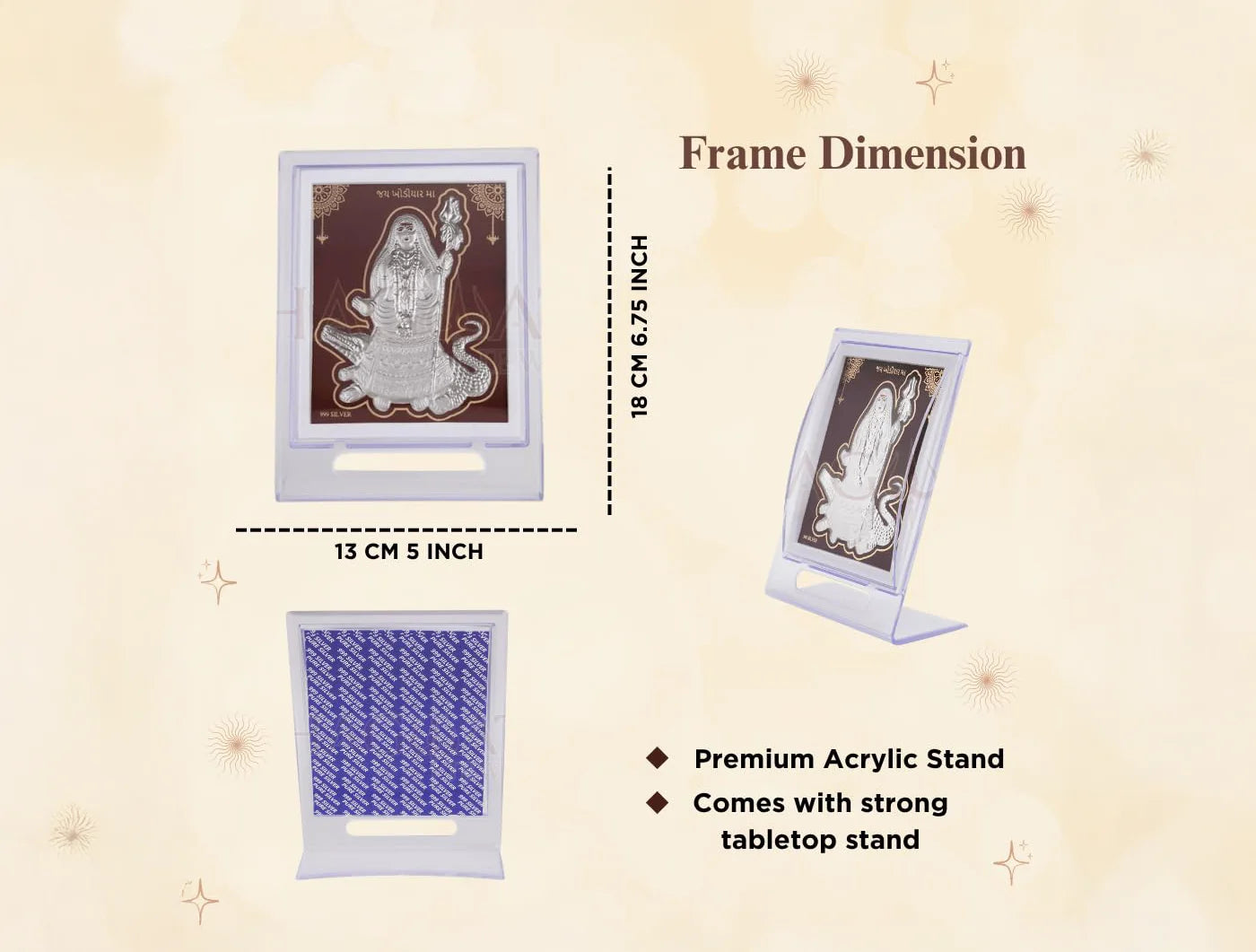 Silver Khodiyarmaa stand by Bhagwati Jewels, acrylic rectangular tabletop stand for home display, 7x5 inches.