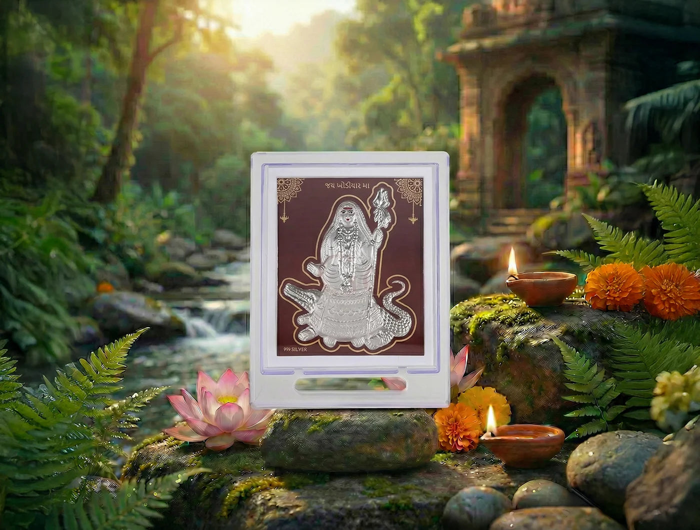 Silver Khodiyarmaa stand by Bhagwati Jewels, acrylic square tabletop display for silver gift items, 7x5 inch size.