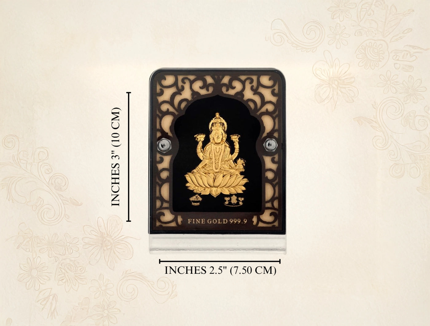 24KT Gold Stand LAXMIJI displayed on an elegant black stand, measuring 2.5" x 3" inches, perfect for home decor.