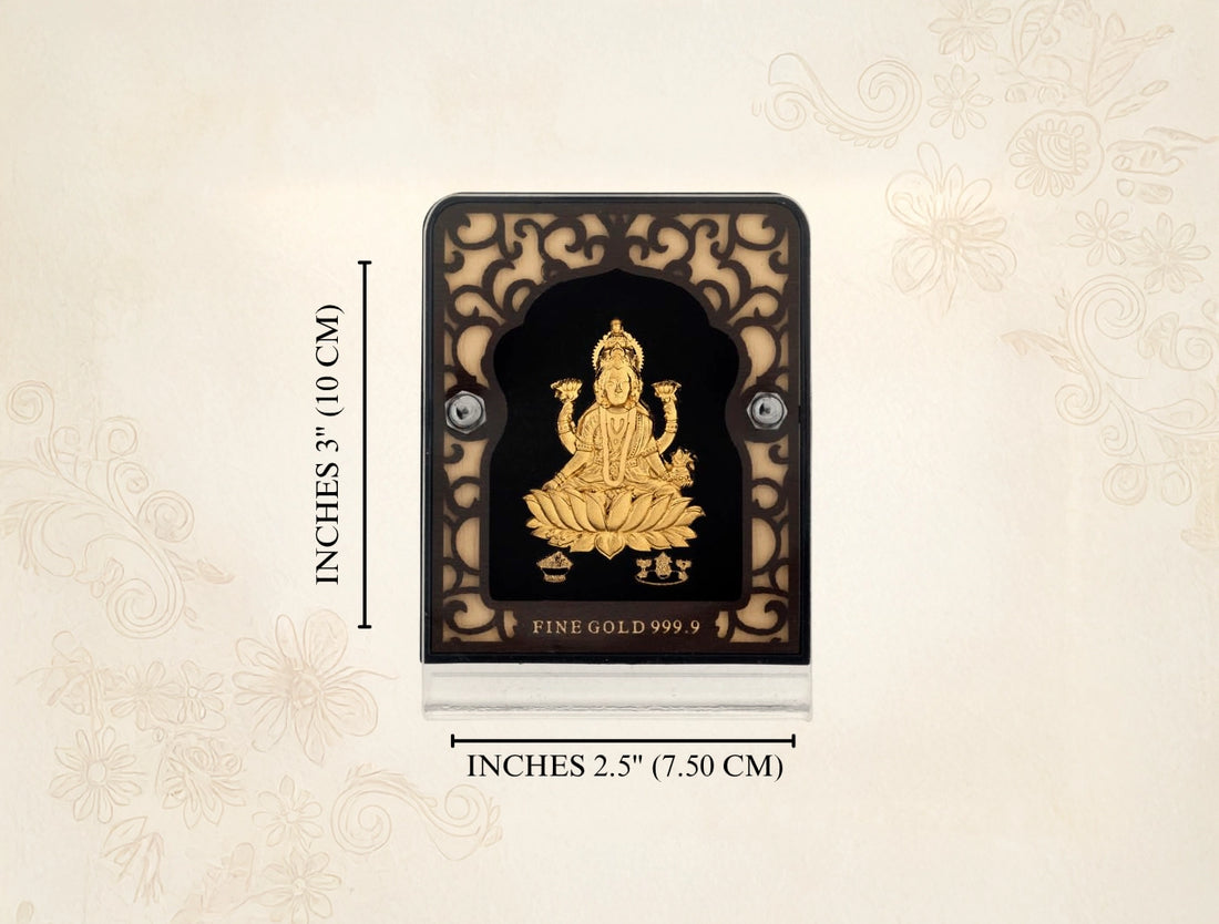 24KT Gold Stand LAXMIJI displayed on an elegant black stand, measuring 2.5" x 3" inches, perfect for home decor.