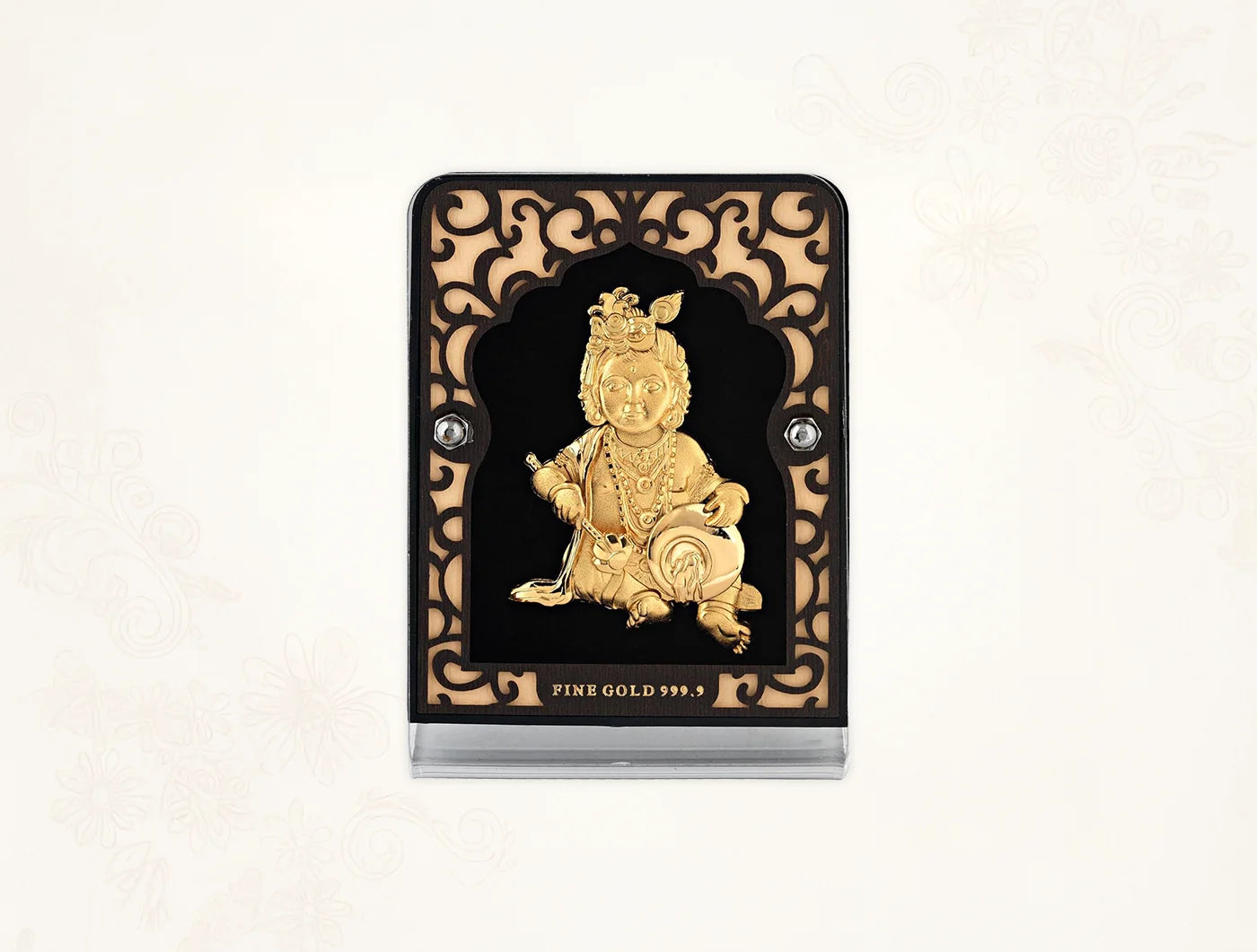 Silver frame Laddu Gopal stand with 24KT gold finish, tabletop display measuring 4x3 inches, ideal for religious decor.
