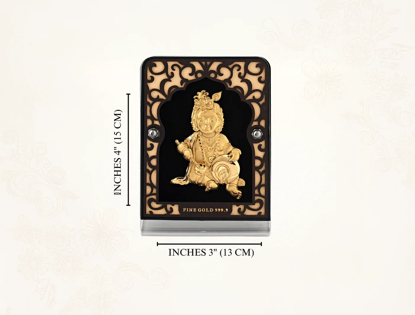 Silver frame Laddu Gopal stand with 24KT gold finish, tabletop display, 4x3 inch glass stand by Bhagwati Jewels