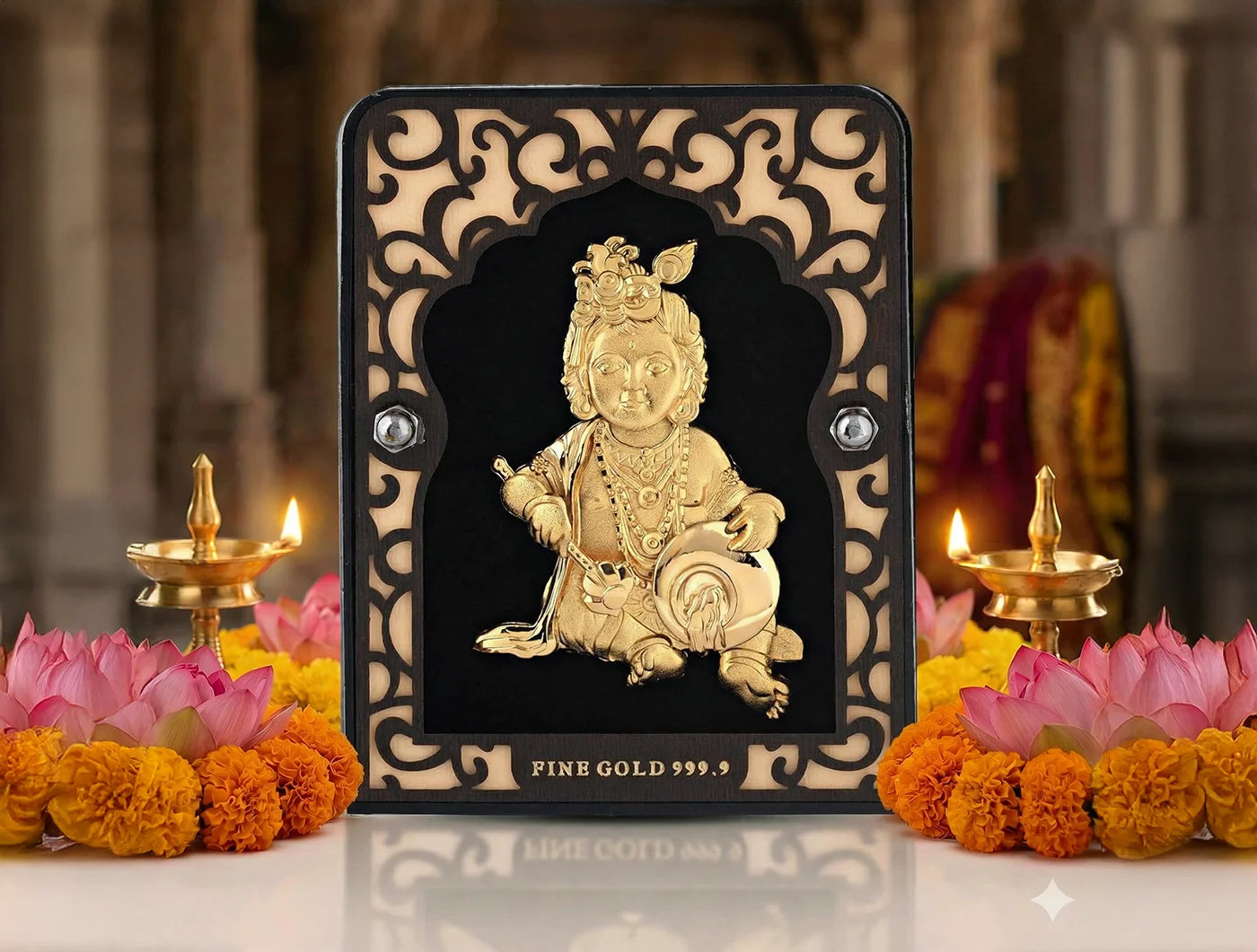 Silver frame Laddu Gopal stand with 24KT gold accents, 4x3 inch glass tabletop display by Bhagwati Jewels.